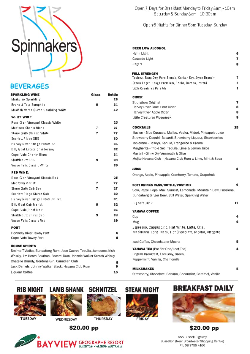 Menu at Spinnakers restaurant, West Busselton