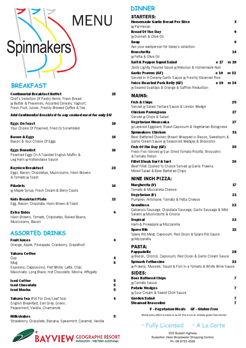 Menu at Spinnakers restaurant, West Busselton