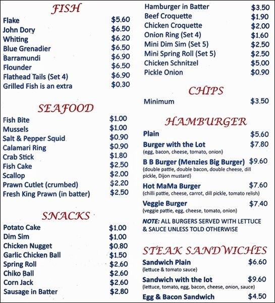 Menzies Fish & Chips Menu, Menu for Menzies Fish & Chips, Dandenong, Melbourne Urbanspoon/Zomato