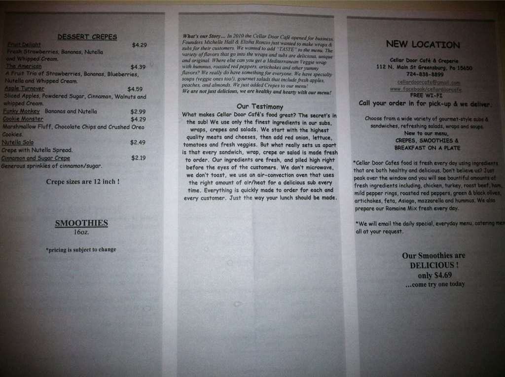 Cellar Door Cafe Menu, Menu for Cellar Door Cafe, Greensburg