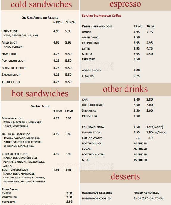 Eliot E-mat Cafe меню