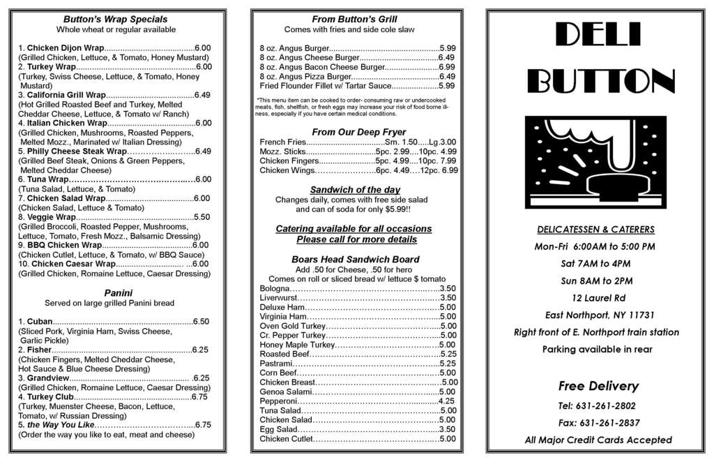 Deli Button Menu, Menu for Deli Button, East Northport, Long Island