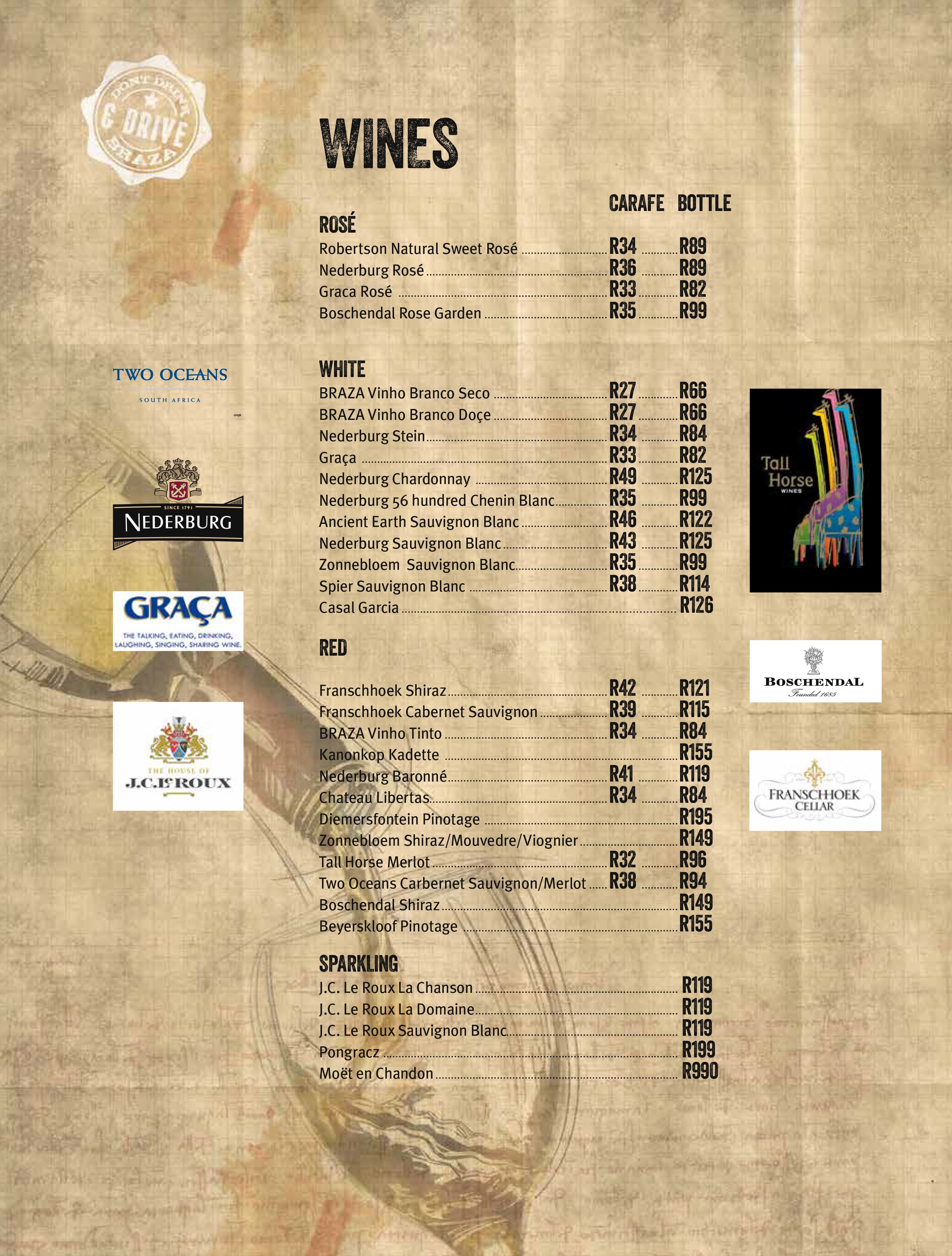 Menu at Braza restaurant, Bloemfontein, Loch Logan