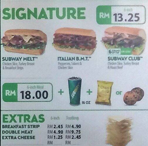 Subway Menu, Menu for Subway, Jinjang Utara, Kuala Lumpur