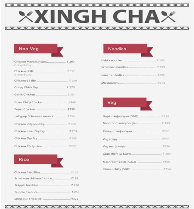 Menu of Xing Cha Whitefield Bangalore