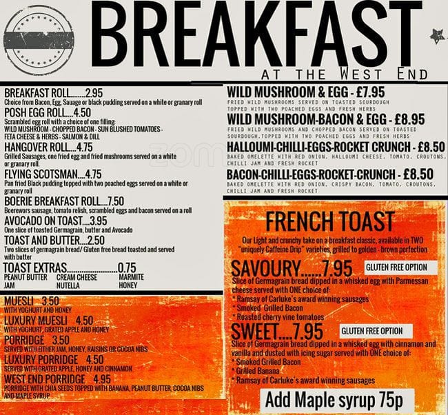 The Caffeine Drip menu, Menu restauracji The Caffeine Drip, West End