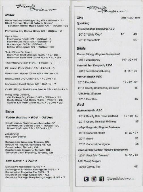 Tequila Bookworm menu