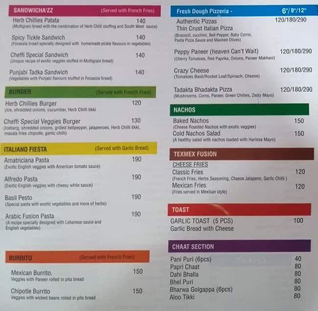 Menu of Baker's Lounge, Sector 9, Panchkula