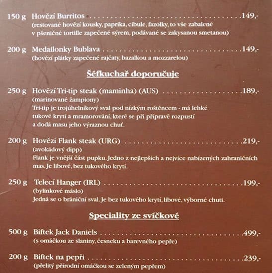 Menu at Highland Steak House steakhouse, Prague