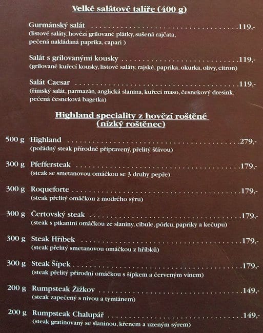 Menu at Highland Steak House steakhouse, Prague