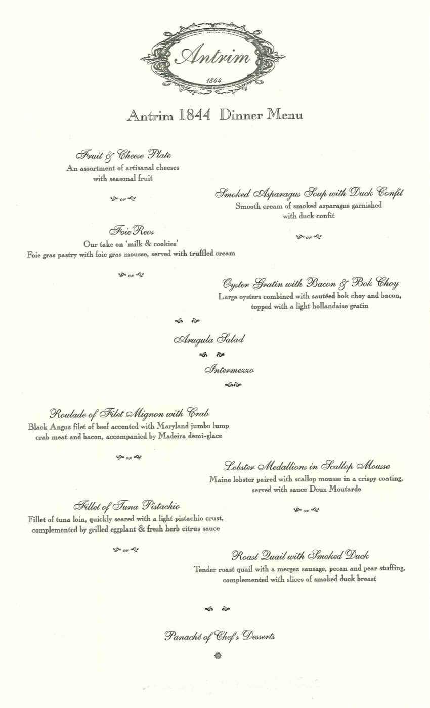Menu at Antrim 1844 restaurant, Taneytown