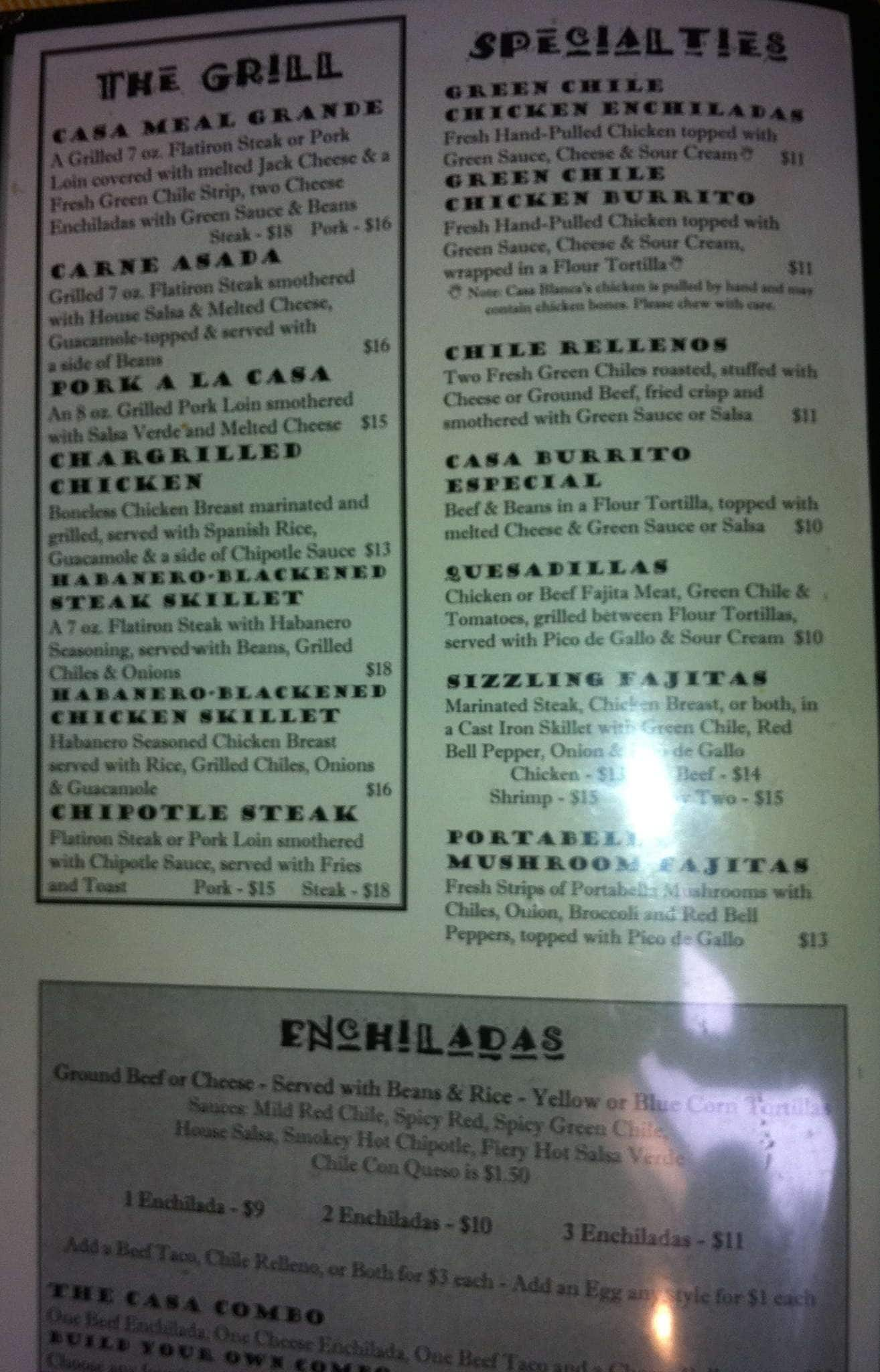 Menu At Casa Blanca Restaurant Ruidoso