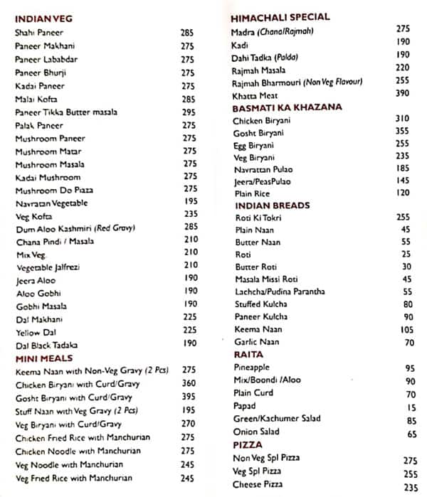 Menu at Hotel Centre Point Restaurant & Bar, Dharamshala