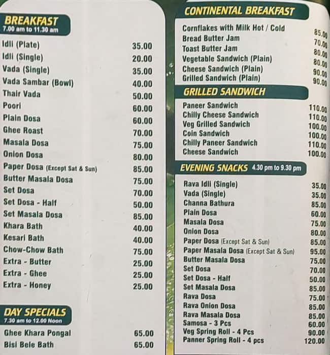 Menu at Green Leaf Food Court, Mysuru