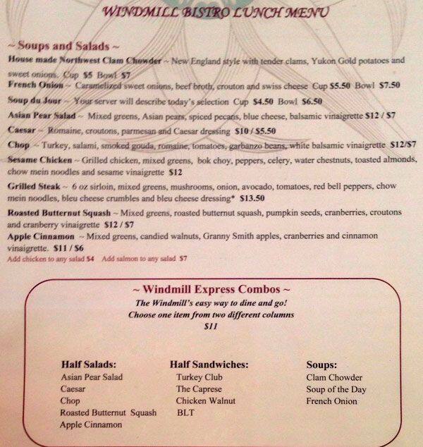 Windmill Bistro Menu, Menu for Windmill Bistro, Sumner, Sumner