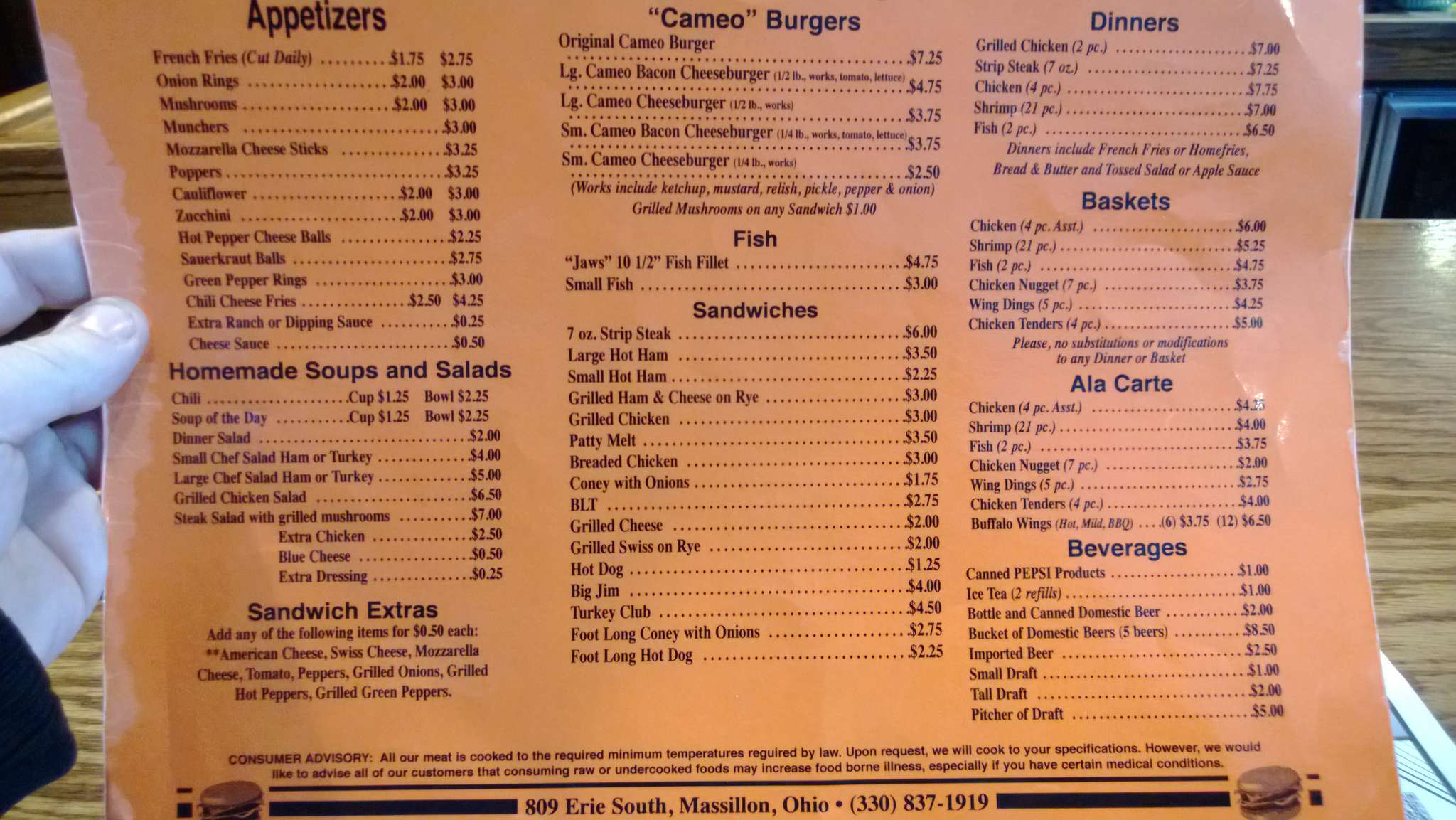 Menu at Cameo Grill pub & bar, Massillon