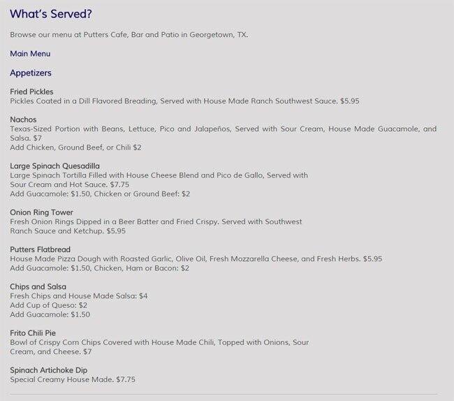 Putters Cafe Menu, Menu for Putters Cafe,