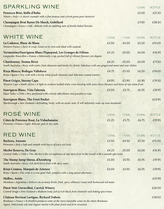 The White Horse Menu, Menu for The White Horse, SunburyonThames