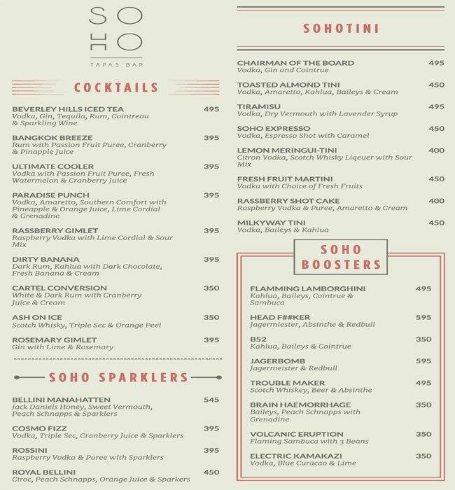 Soho Tapas Bar Menu, Menu for Soho Tapas Bar, 4 Bungalows, Mumbai Zomato