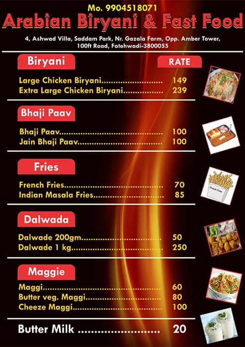 Menu at Arabian Biryani And Fast Food, Ahmedabad