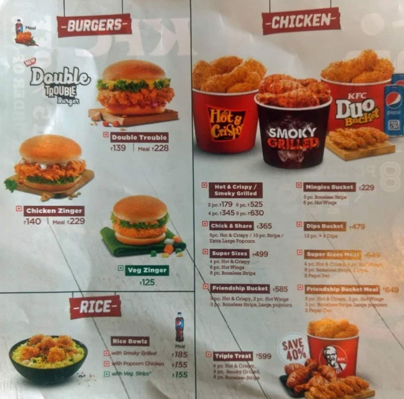 Menu of KFC, Kurmannapalem, Vizag