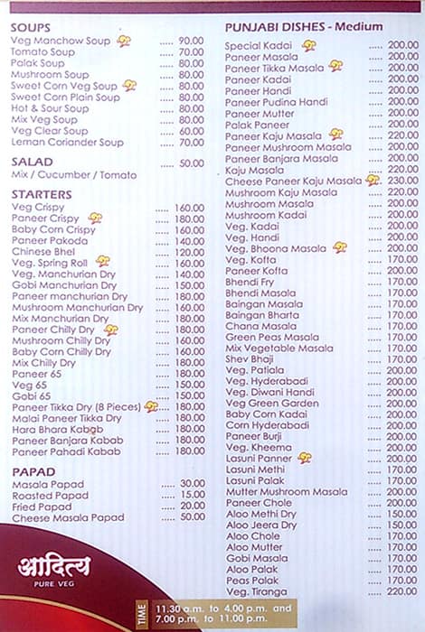 Aditya Pure Veg menu