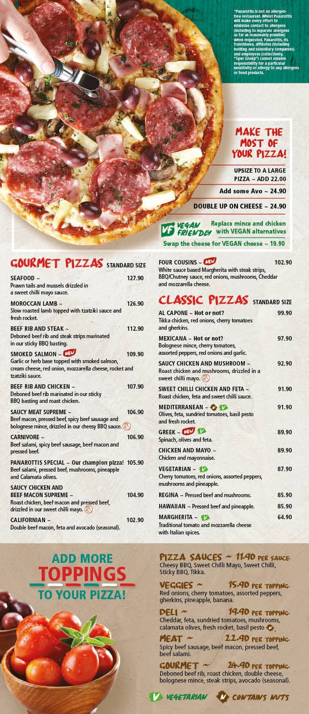 Menu at Panarottis Watercrest Mall restaurant, Outer West Durban