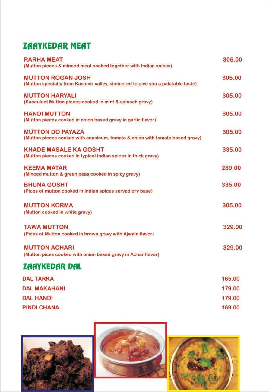 Zaayka Restaurant menu
