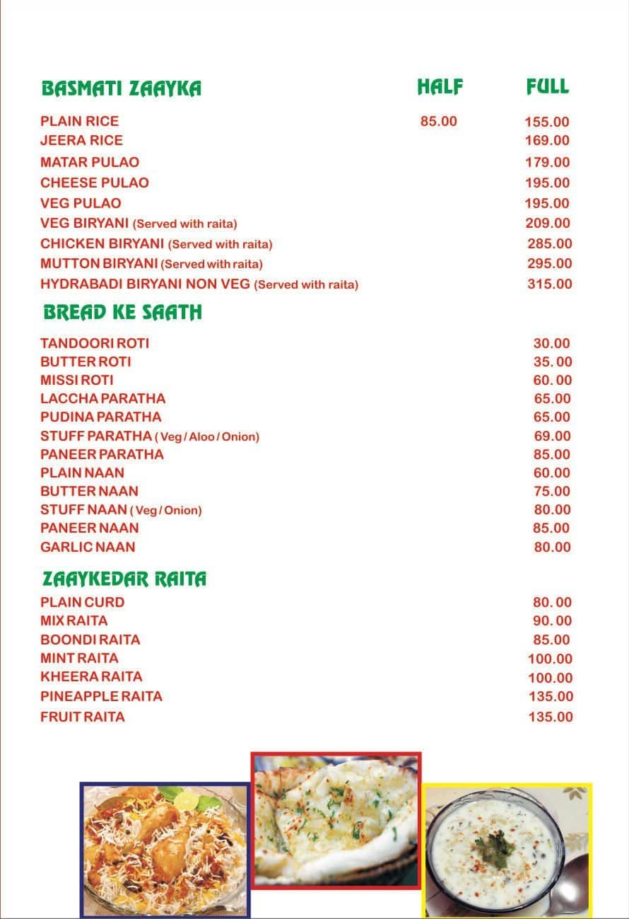 Zaayka Restaurant menu