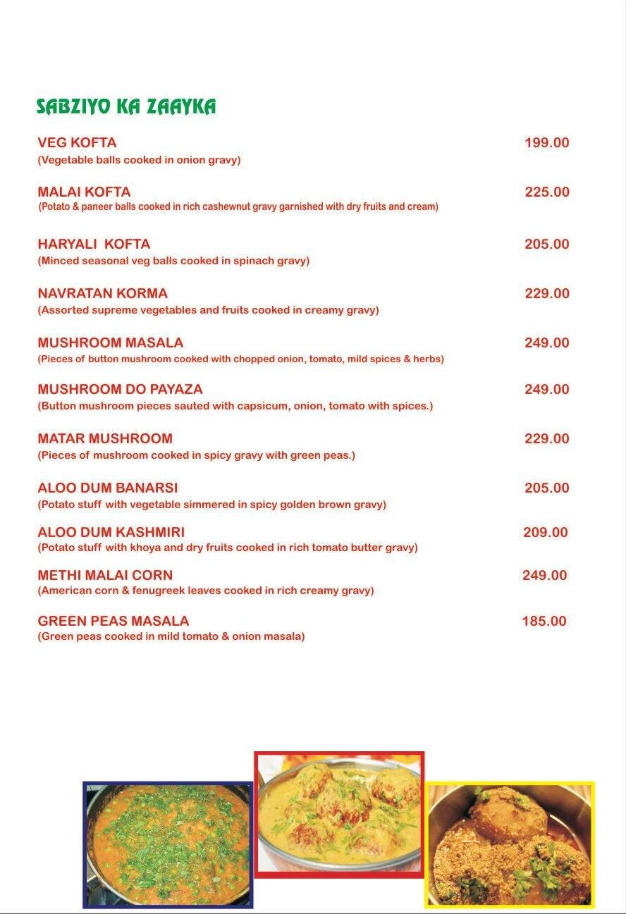Zaayka Restaurant menu
