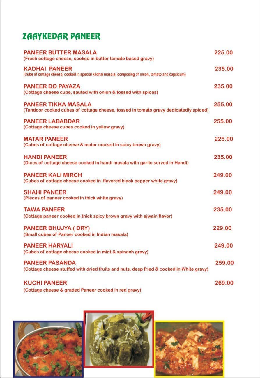 Zaayka Restaurant menu