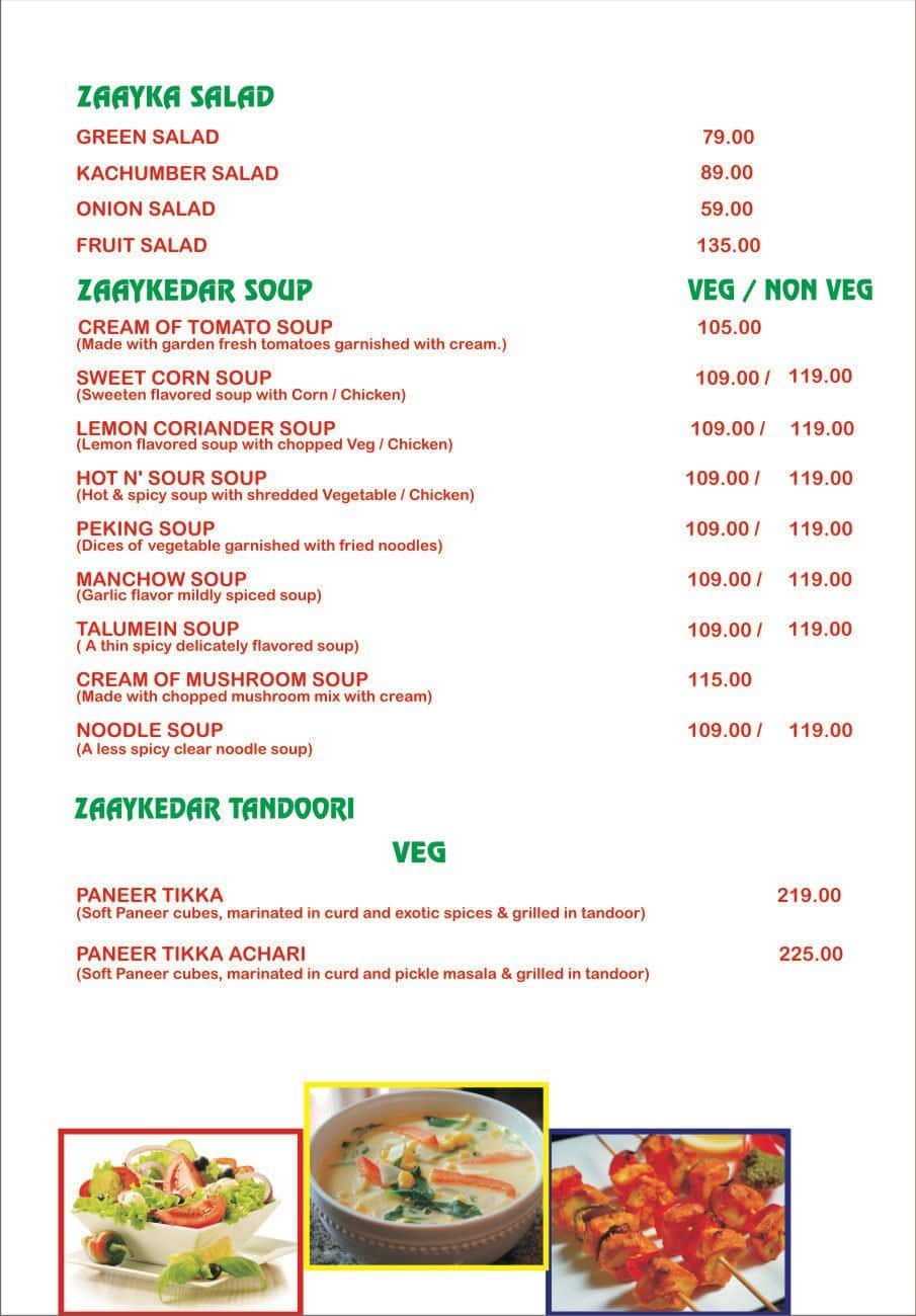 Zaayka Restaurant menu