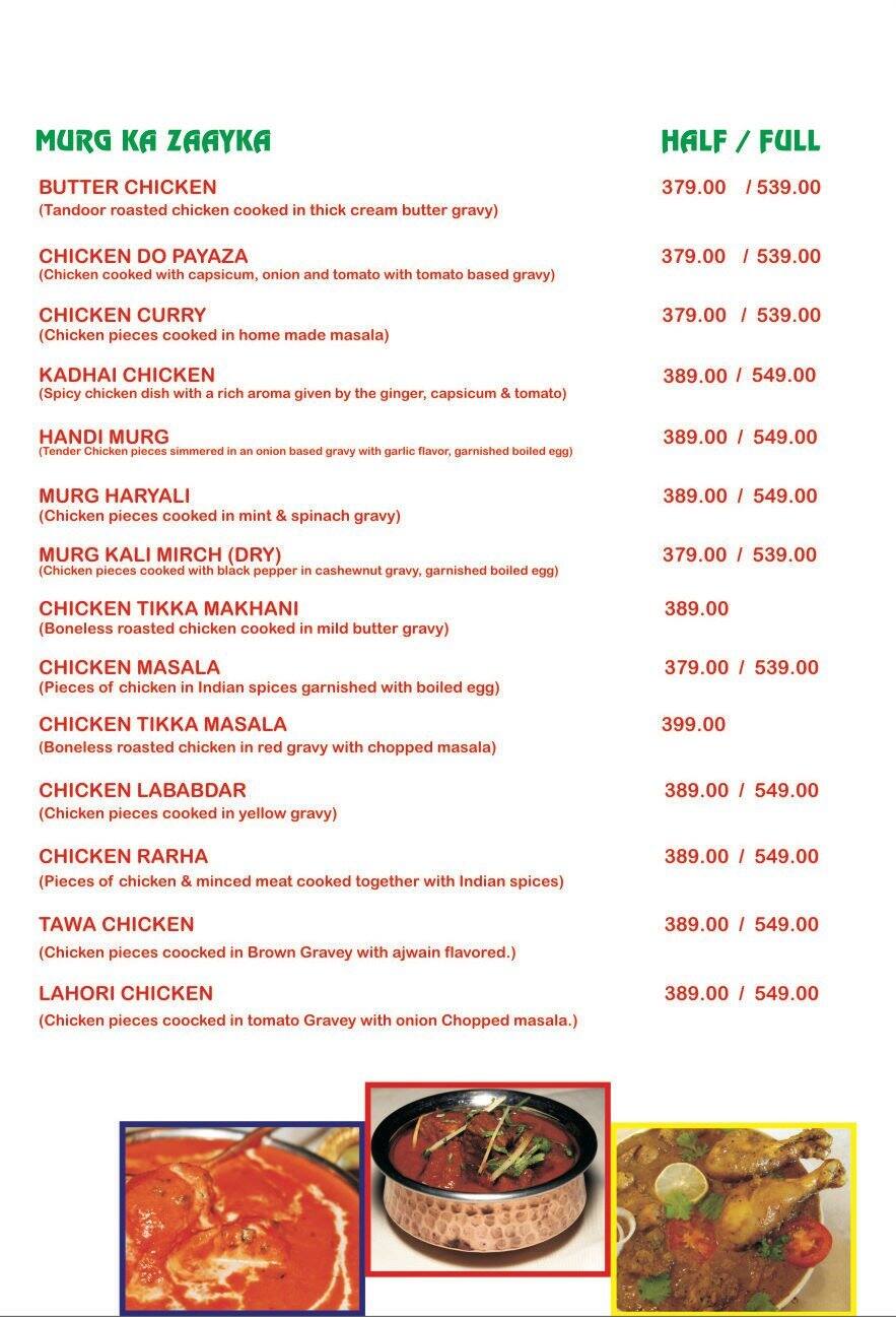 Zaayka Restaurant menu