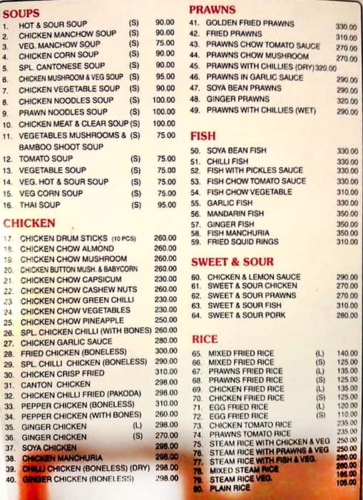 Menu of Nanking, Paradise Circle, Secunderabad