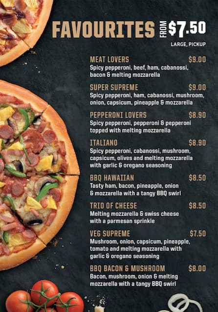 Menu at Pizza Hut pizzeria, Rotorua