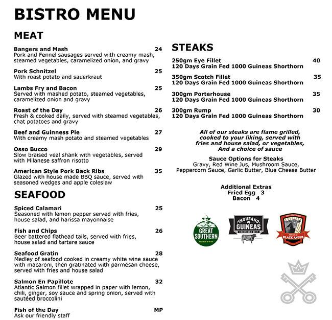 Menu at Cross Keys Hotel restaurant, Essendon