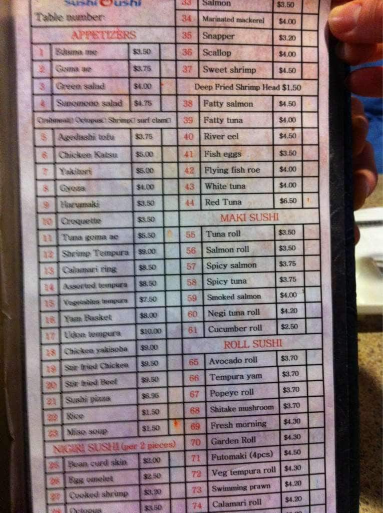 Menu at Sushi Cushi restaurant, Winnipeg