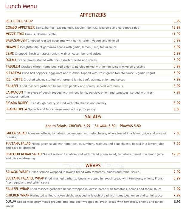 Menu at Sultana Mediterranean pub & bar, Menlo Park