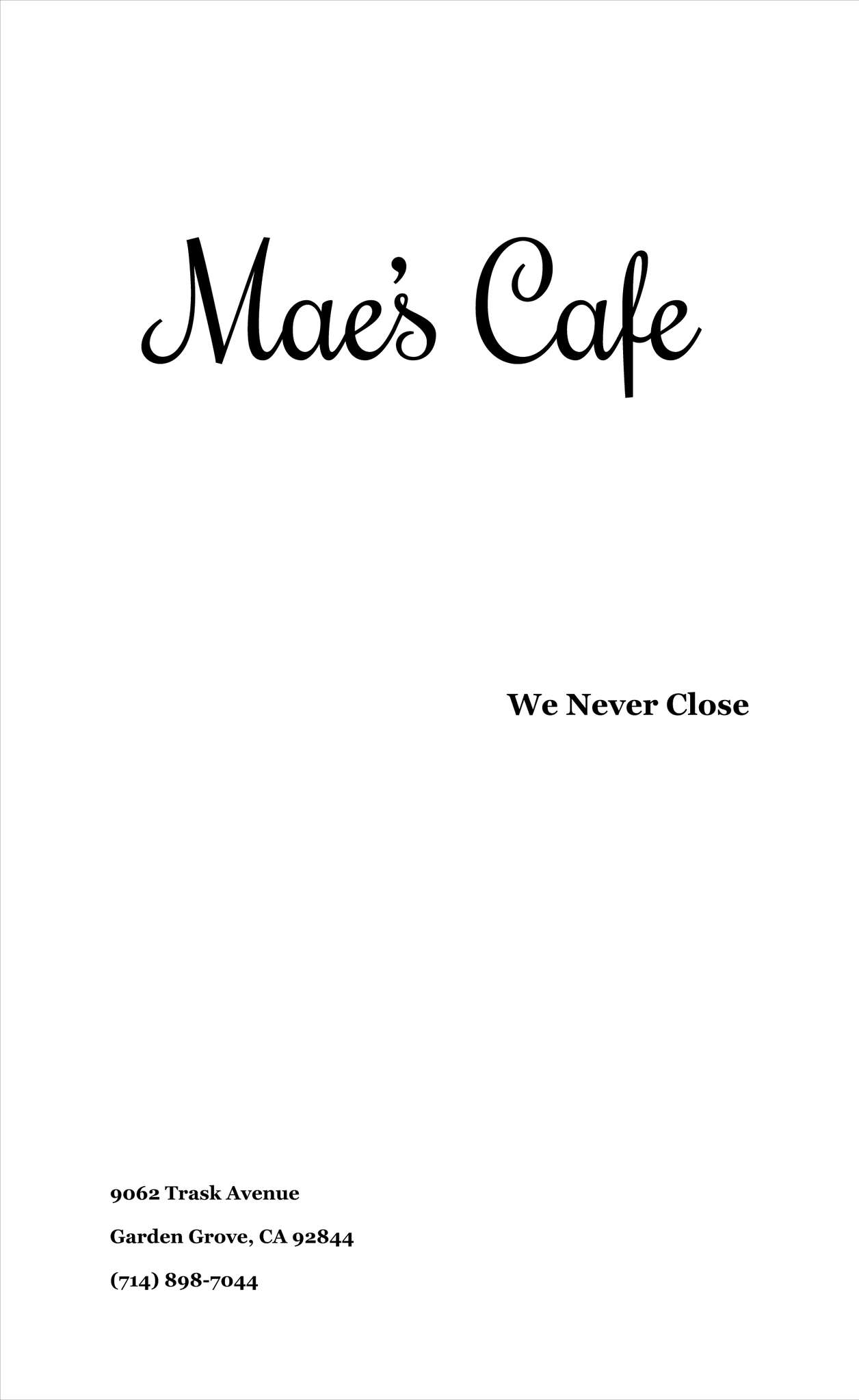 Mae's Cafe Menu, Menu for Mae's Cafe, Garden Grove, Orange County