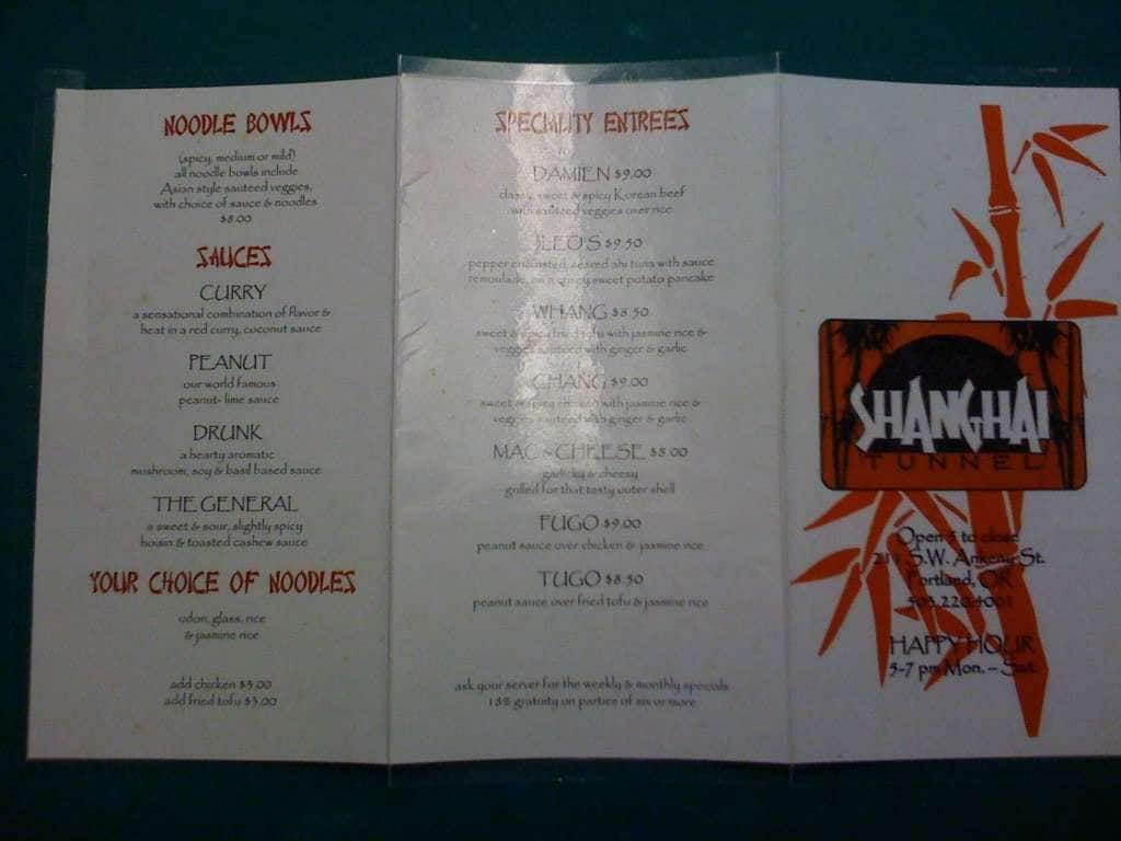 Shanghai Tunnel Menu, Menu for Shanghai Tunnel, Chinatown/Old Town