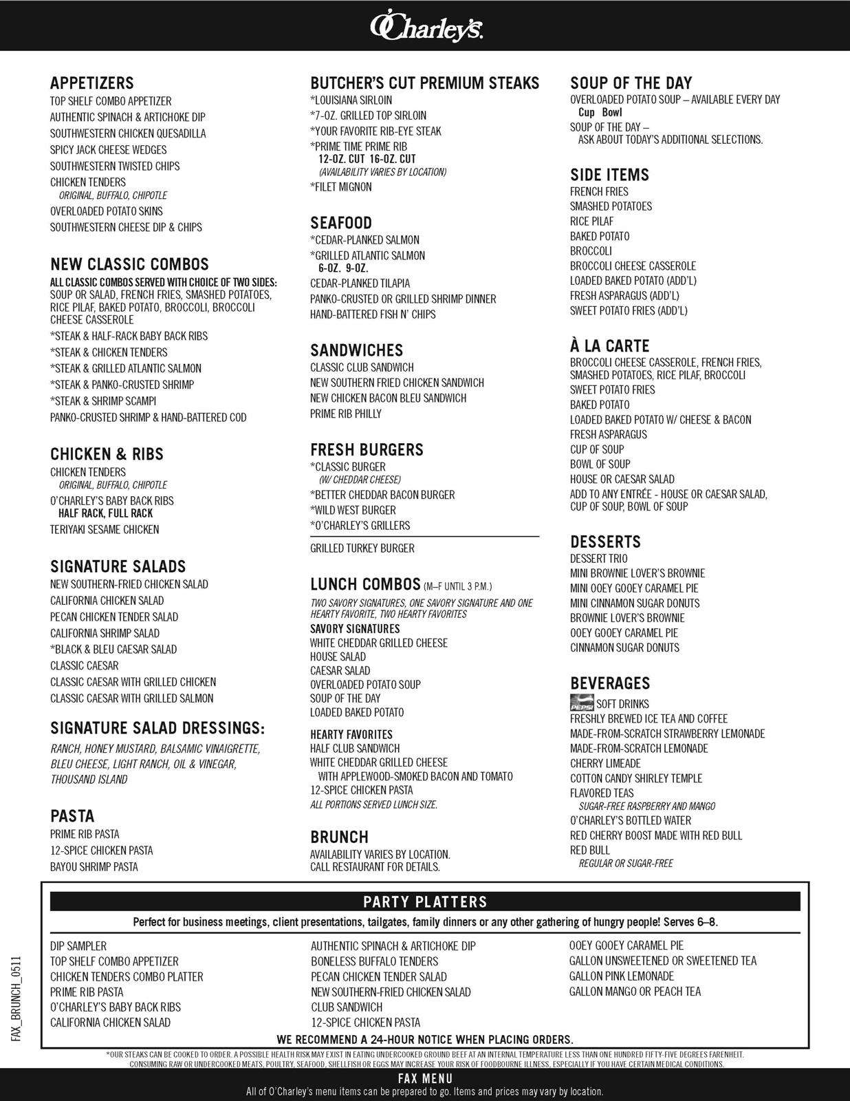 Menu At O Charley S Restaurant Bartlett Stage Rd 74