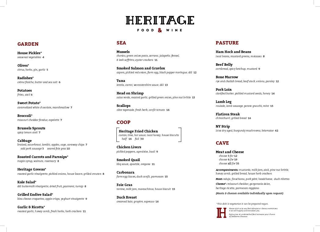 Heritage Food & Wine Menu, Menu for Heritage Food & Wine, Downtown