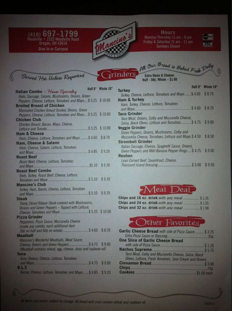 Mancino's Pizza & Grinders Menu - Urbanspoon/Zomato