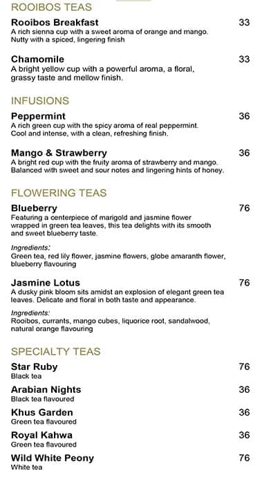 Menu at Peacock Alley cafe, Dubai, Crescent Rd