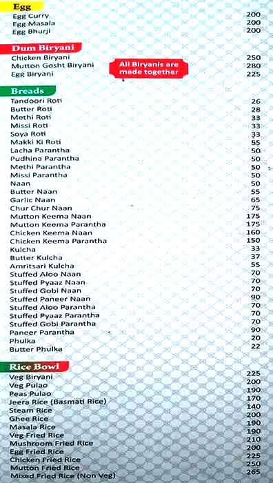 Punjabi Rasoi menu