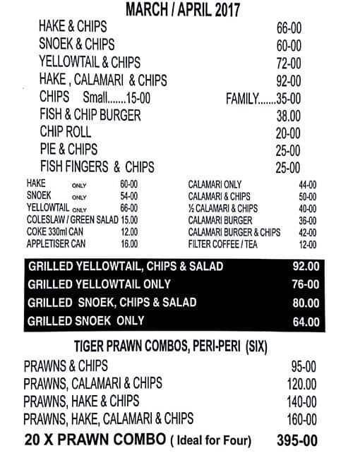 Fish on the Rocks Menu, Menu for Fish on the Rocks, Hout Bay, Cape Town ...