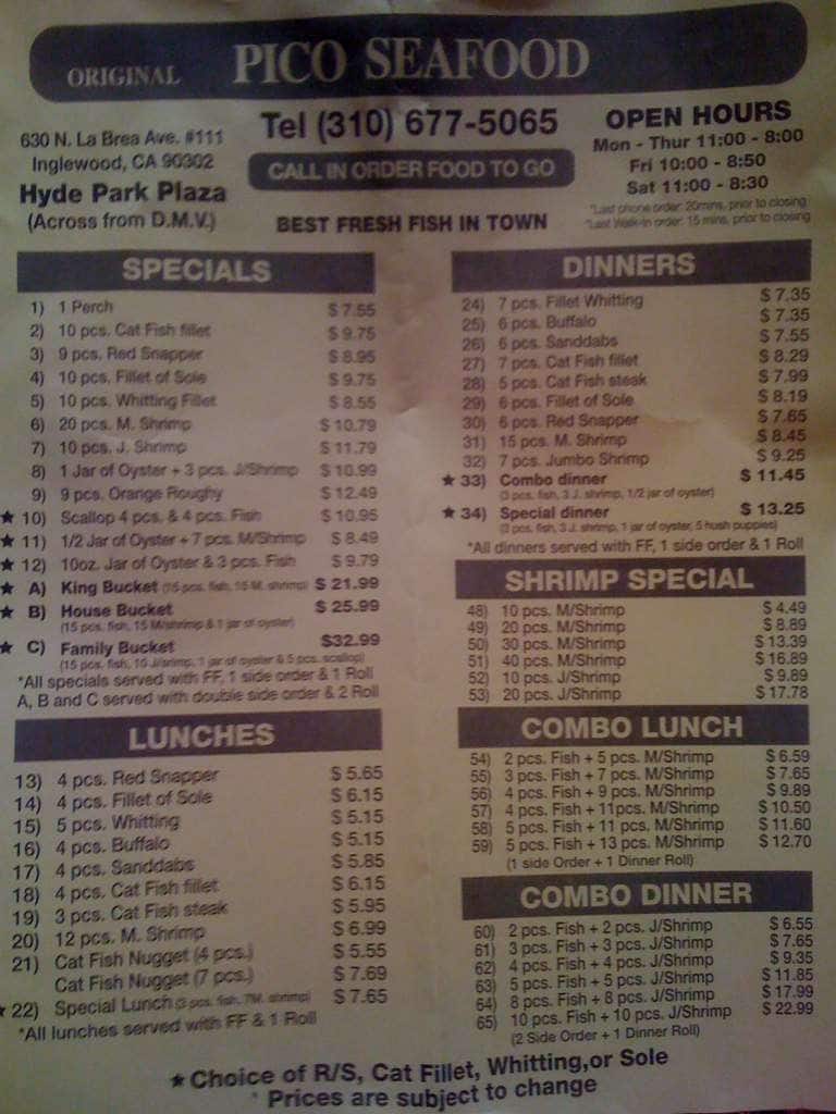 Original Pico Seafood Menu, Menu de Original Pico Seafood, Inglewood