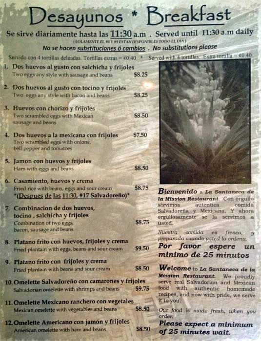 Menu at LA Santaneca De LA Mission restaurant, San Francisco
