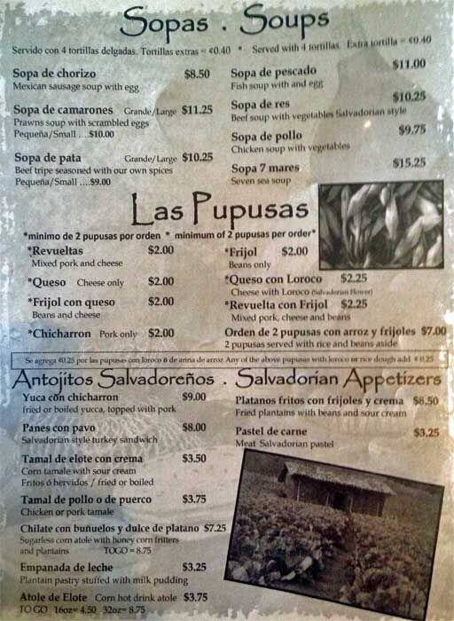 Menu at LA Santaneca De LA Mission restaurant, San Francisco