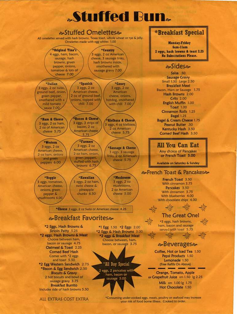 Menu at Stuffed Bun restaurant, Pontiac